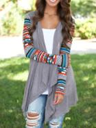 Shein Grey Geometric Print Drape Front Knit Cardigan