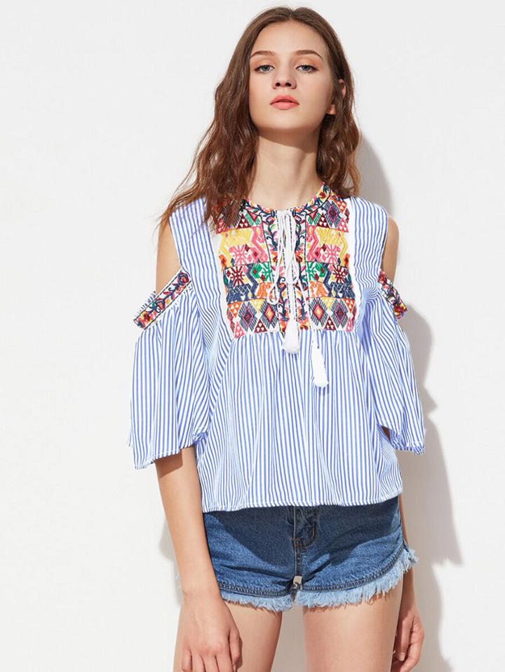 Shein Aztec Embroidery Tassel Tie Open Shoulder Vertical Striped Blouse