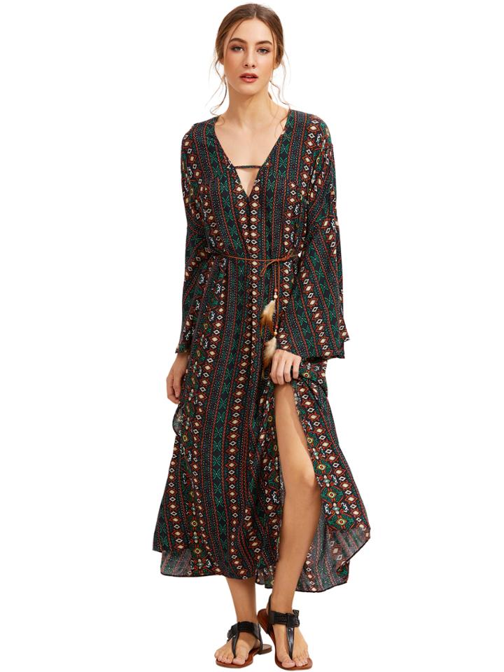 Shein Tribal Print Slit Bell Sleeve Self-tie Long Dress