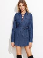Shein Blue Lace Up Self Tie Denim Shirt Dress