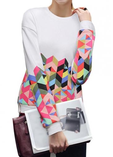 Rosewe White Long Sleeve Geometric Printed Sweats