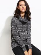 Shein Geometric Print Cowl Neck Drawstring Sweater