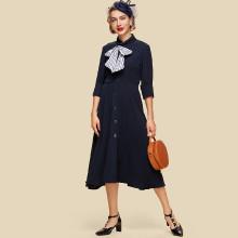 Shein Contrast Striped Bow Tied Buttoned Dress