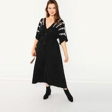 Shein Plus Button Up Flower Embroidered Belted Dress