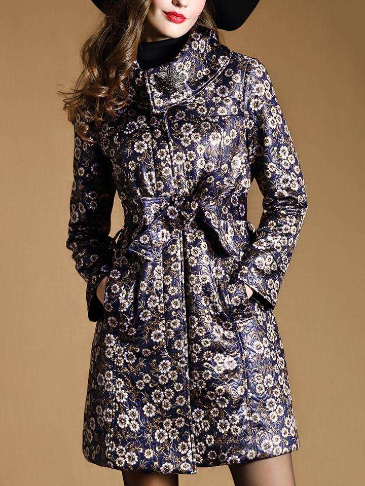 Shein Navy Lapel Long Sleeve Tie-waist Pockets Jacquard Coat