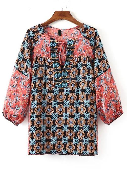 Shein Multicolor Tie Neck Tribal Print Blouse