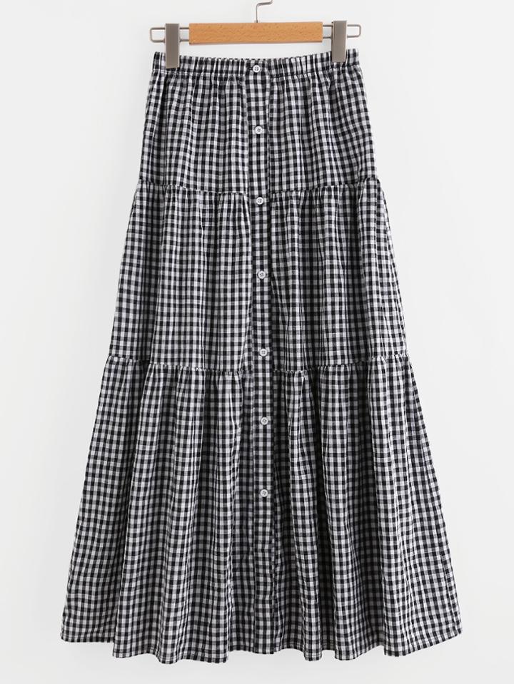 Shein Button Up Tiered Checkered Skirt