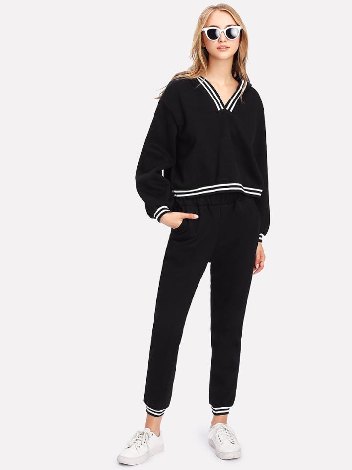 Shein Contrast Stripe Hem Hoodie And Pants