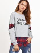 Shein Grey Letter Print Plaid Lining Ripped Sweatshirt