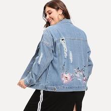 Shein Plus Flower Embroidered Ripped Denim Jacket
