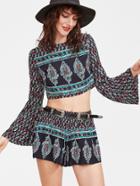Shein Multicolor Ornate Print Bell Sleeve Crop Top With Shorts