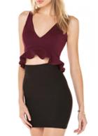 Rosewe Ruffle Decorated V Neck Wine Red Crop Top