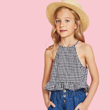 Shein Girls Ruffle Trim Gingham Halter Top
