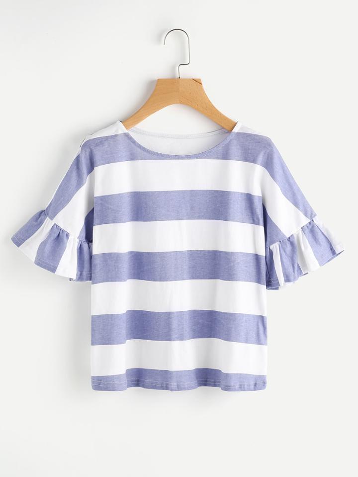 Shein Contrast Wide Striped Frill Cuff Tee