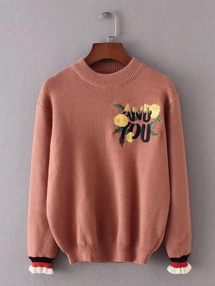 Shein Floral Embroidered Frill Cuff Sweater