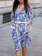 Shein Blue Long Sleeve Split Floral Dress