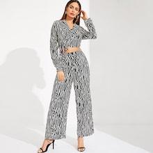 Shein Zebra Print Wrap Knot Top And Wide Leg Pants Set