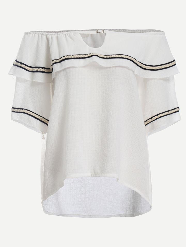 Shein Ruffled Off-the-shoulder Braided Tape Embellished Top - White