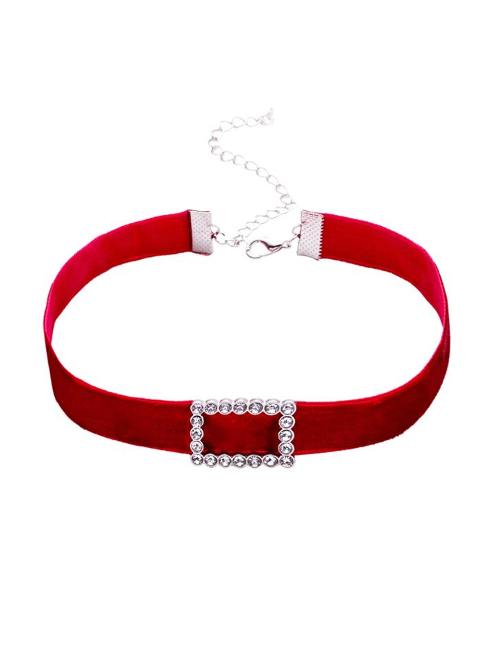 Shein Red Velvet Rectangle Rhinestone Choker Necklace