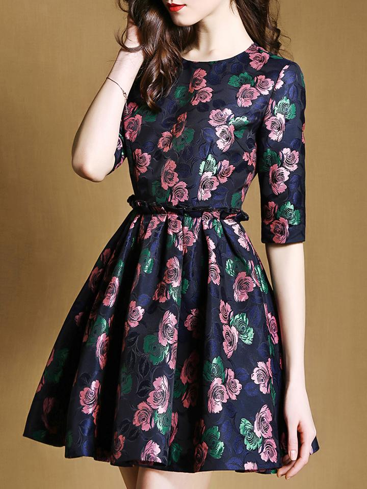 Shein Multicolor Round Neck Half Sleeve Jacquard Drawstring Pockets Dress