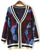 Shein Blue Leopard Print Striped Trim Buttons Front Sweater Coat