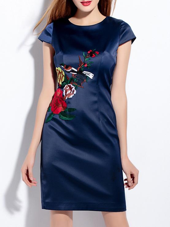 Shein Navy Applique Pouf Sheath Dress