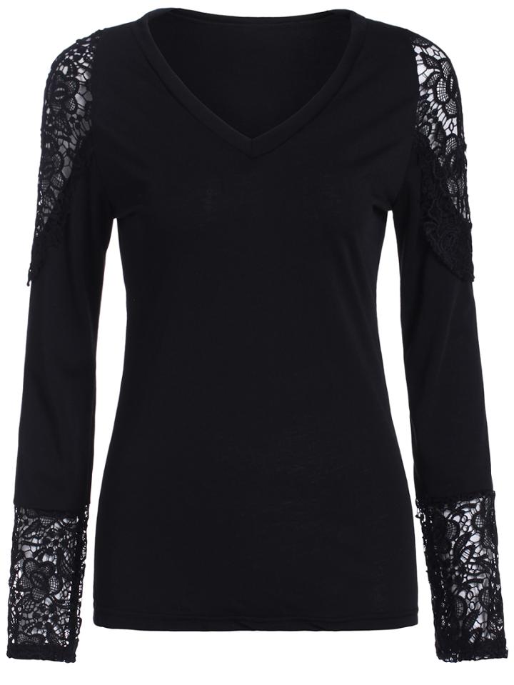 Shein Black V Neck Lace Insert Slim Top