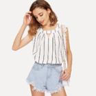 Shein Lace Shoulder Cutout Pleated Neck Striped Top