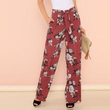 Shein Self Belted Slant Pocket Wide Leg Floral Pants