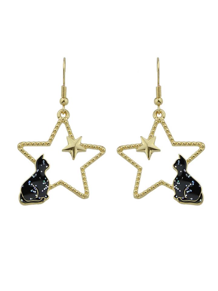 Shein Black Color Cat Guardian Pearl Hollow Star Earrings