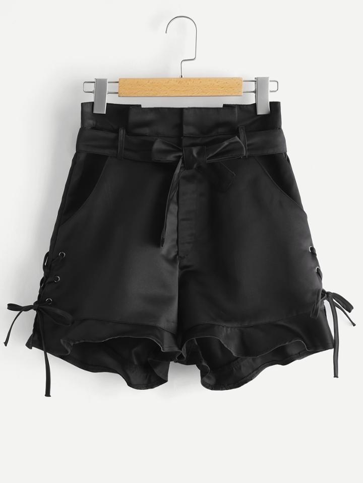 Shein Lace Up Side Frill Hem Shorts