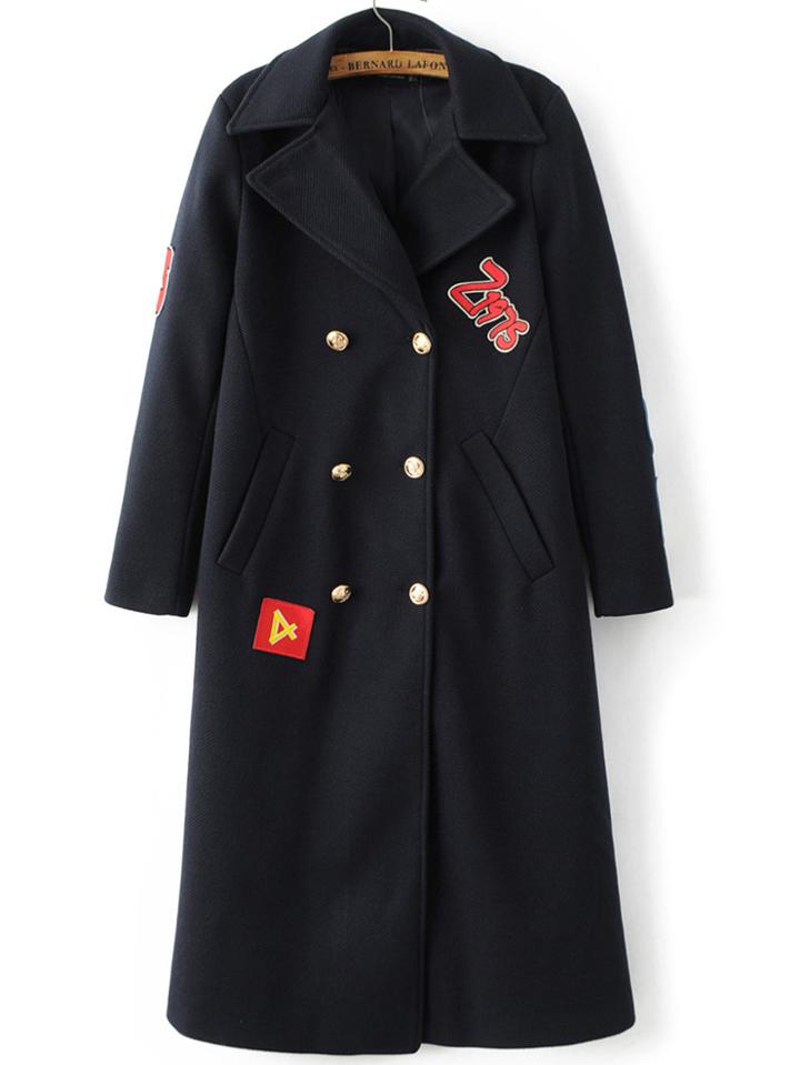 Shein Black Patch Embroidery Double Breasted Coat