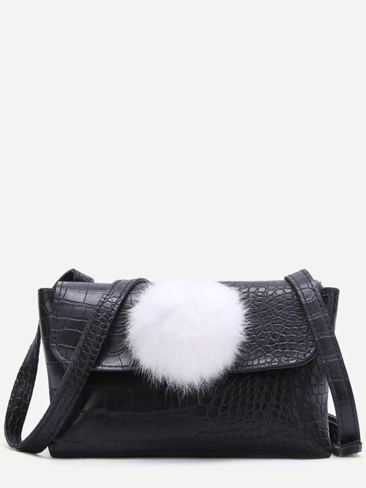 Shein Black Crocodile Embossed Pu Shoulder Bag With Pom Pom