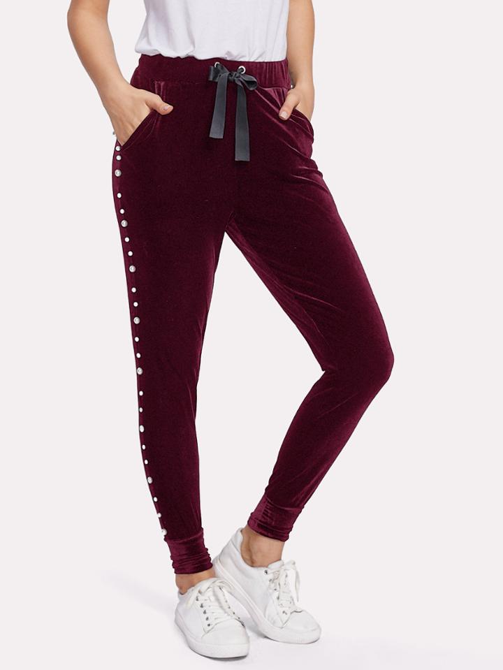 Shein Pearl Beaded Side Drawstring Waist Velvet Sweatpants