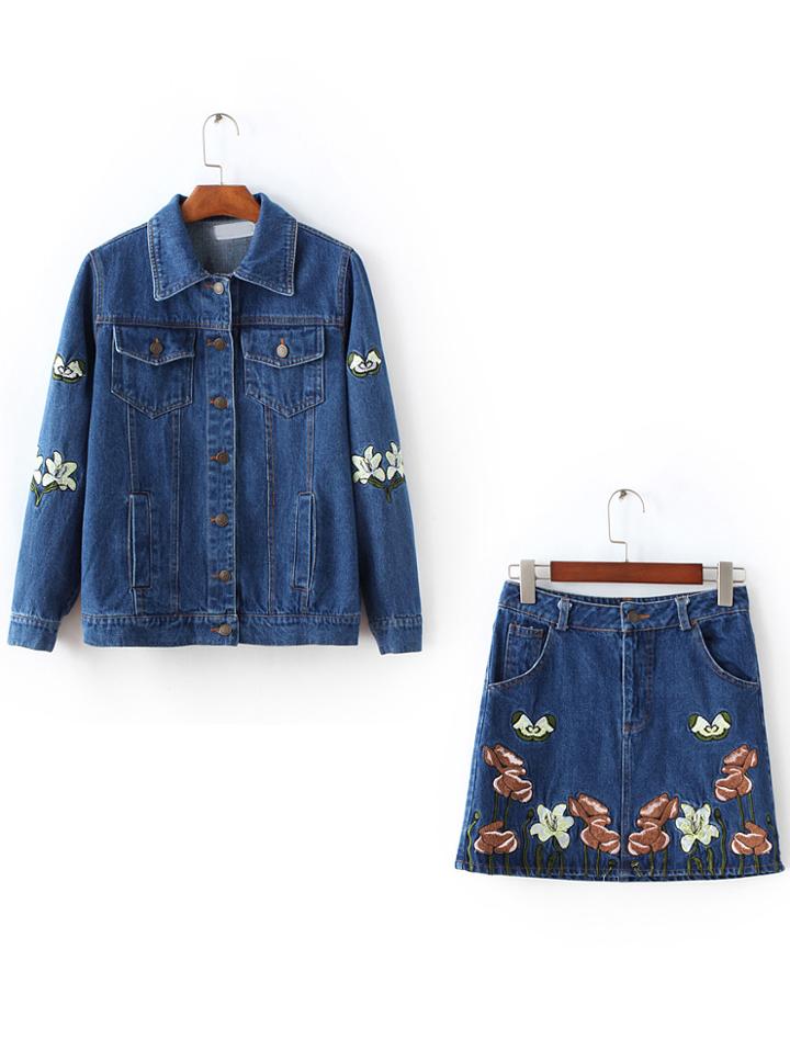 Shein Blue Floral Embroidery Denim Jacket With Skirt