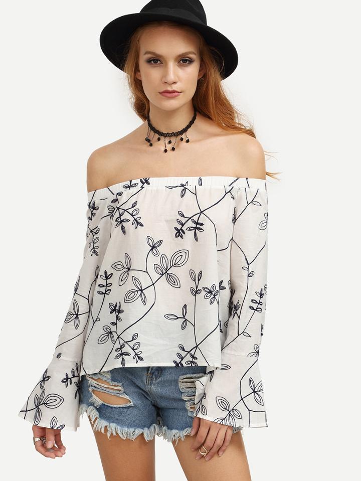 Shein Black And White Off The Shoulder Floral Blouse