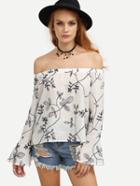 Shein Black And White Off The Shoulder Floral Blouse
