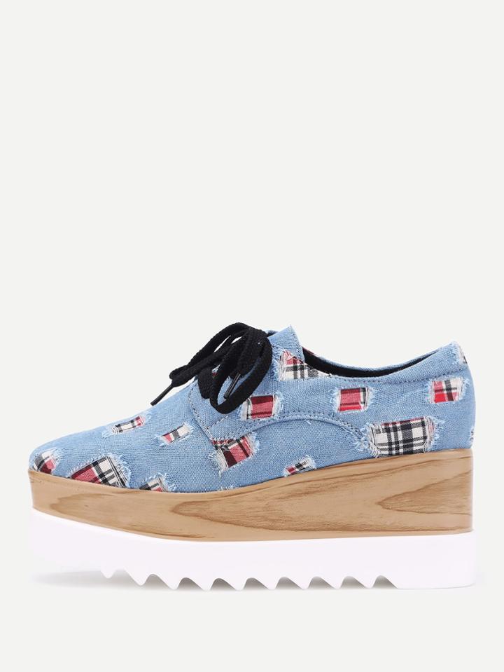 Shein Distressed Denim Lace Up Platform Wedges