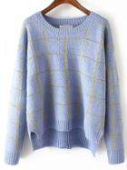 Shein Blue Round Neck Plaid Crop Sweater