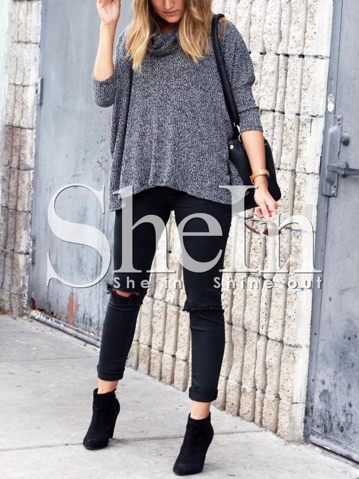 Shein Grey Turtleneck Loose T-shirt
