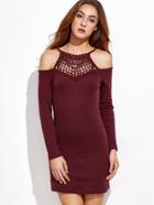 Shein Burgundy Cold Shoulder Contrast Crochet Knit Dress