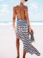 Shein White Black Sun Beach Striped Resort Split Backless Maxi Dress