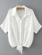 Shein White Pockets Buttons Front Self-tie Bow Cotton Hemp Blouse