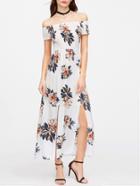 Shein Flower Print Off Shoulder M-slit Smocked Dress