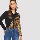 Shein Single Breasted Leopard Panel Blouse