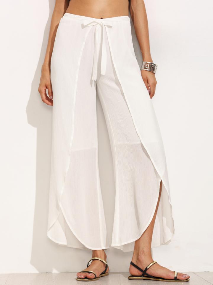 Shein White Tie Waist Split Side Wide Leg Pants