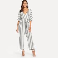 Shein Vertical Stripe Surplice Wrap Batwing Jumpsuit