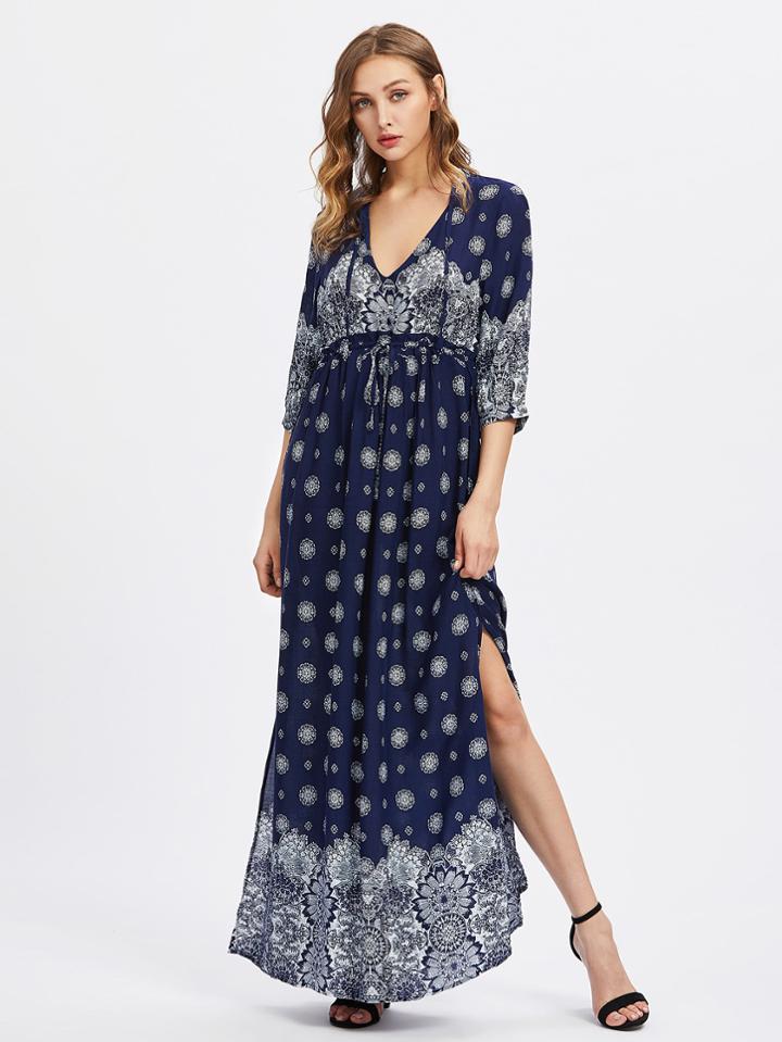 Shein V-neckline Slit Side Ornate Print Dress