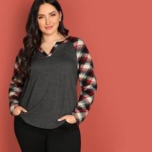Shein Plus V-cut Neck Plaid Raglan Sleeve Tee