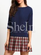 Shein Navy Round Neck Plaid Hem Doll Dress